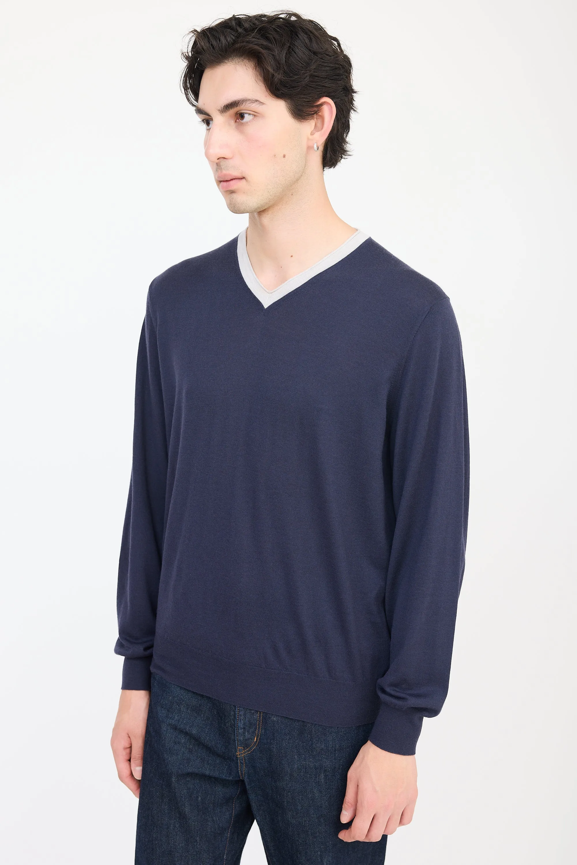 Navy & Grey Wool V-Neck Sweater