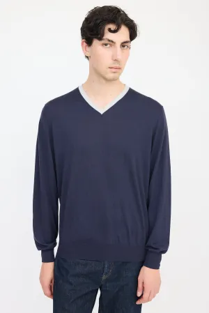 Navy & Grey Wool V-Neck Sweater