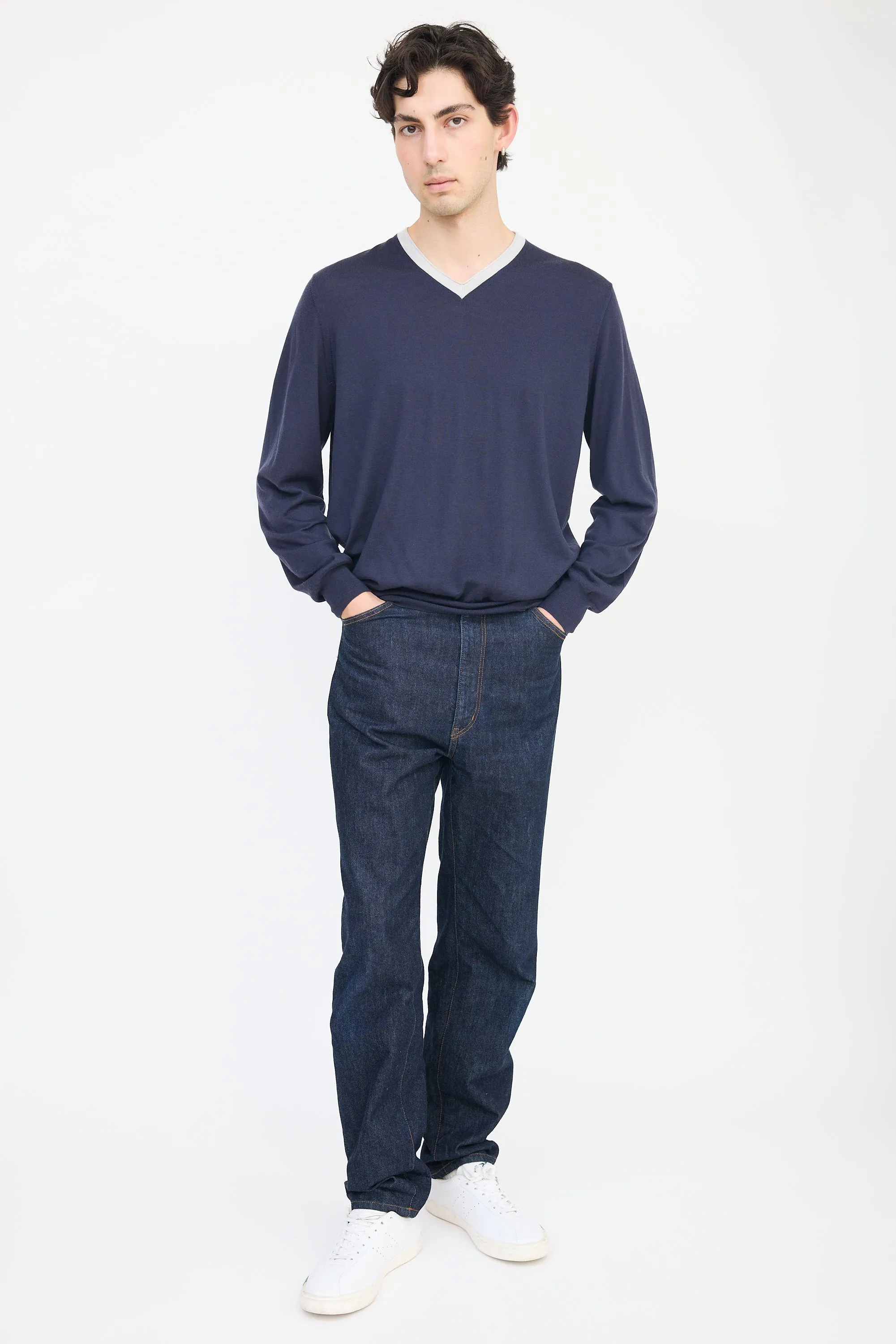 Navy & Grey Wool V-Neck Sweater