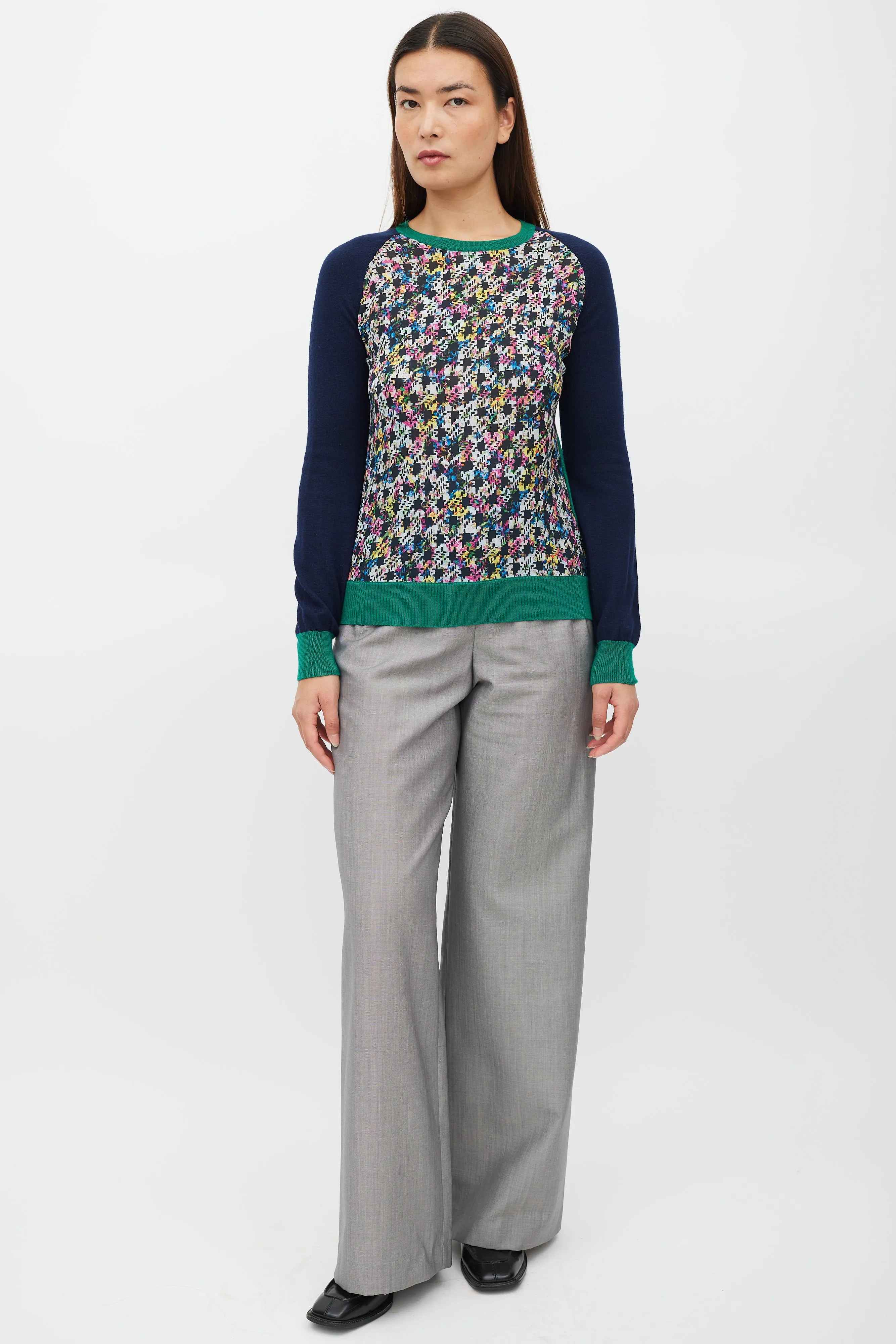 Navy & Multicolour Silk Floral Houndstooth Sweater