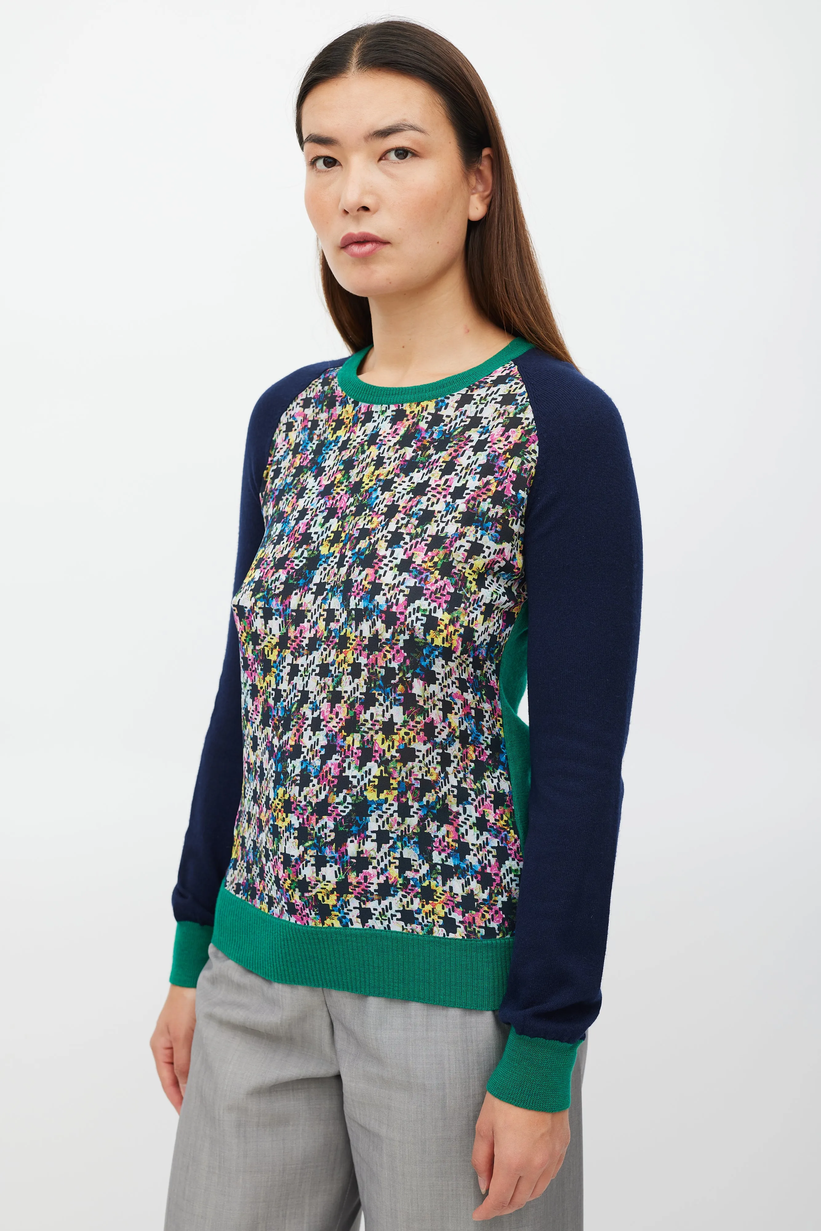 Navy & Multicolour Silk Floral Houndstooth Sweater