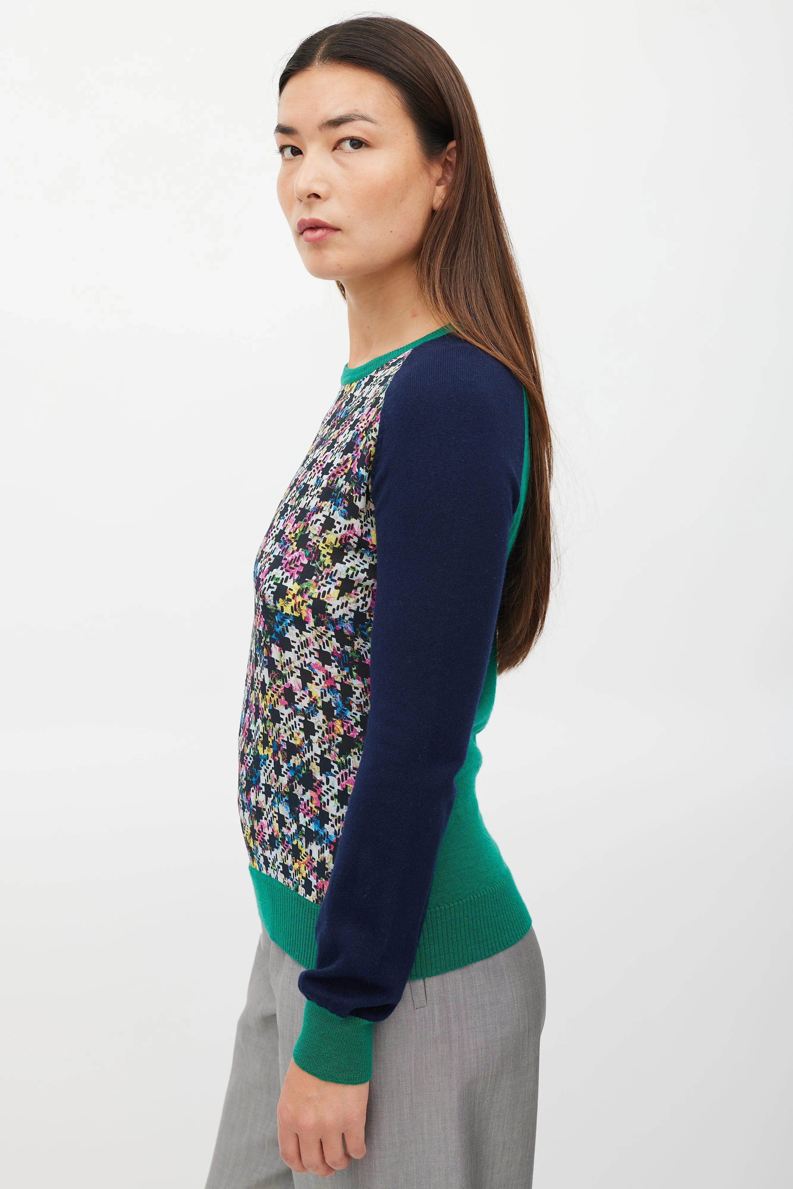 Navy & Multicolour Silk Floral Houndstooth Sweater