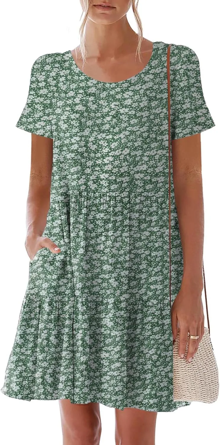 nclook Womens 2025 Summer Casual Dress Crew-Neck Short Sleeve Mini Dress with Pockets