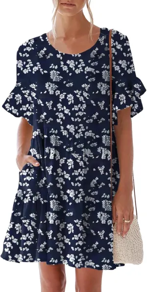 nclook Womens Summer Casual Dresses Sweet Cute Crew Neck Mini Dress with Pockets Ruffle Short Sleeve
