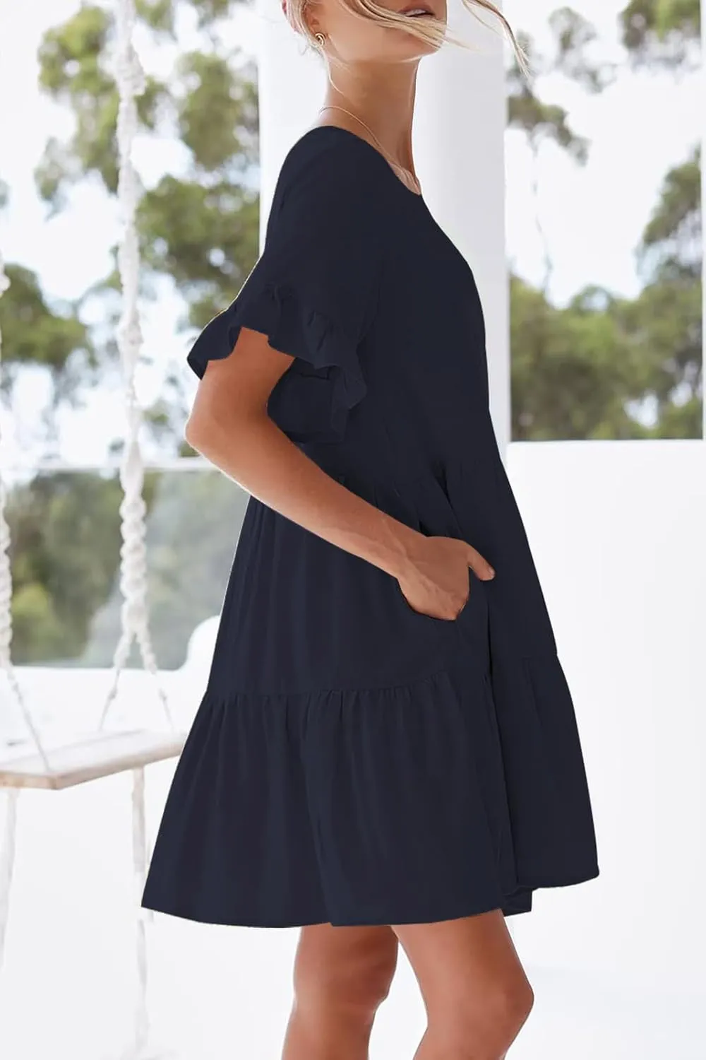 nclook Womens Summer Casual Dresses Sweet Cute Crew Neck Mini Dress with Pockets Ruffle Short Sleeve