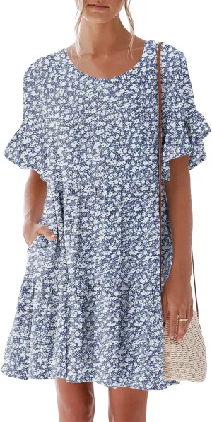 nclook Womens Summer Casual Dresses Sweet Cute Crew Neck Mini Dress with Pockets Ruffle Short Sleeve