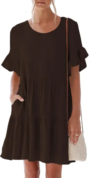 nclook Womens Summer Casual Dresses Sweet Cute Crew Neck Mini Dress with Pockets Ruffle Short Sleeve
