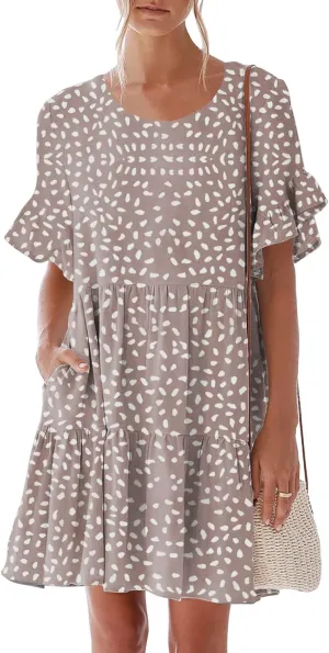 nclook Womens Summer Casual Dresses Sweet Cute Crew Neck Mini Dress with Pockets Ruffle Short Sleeve