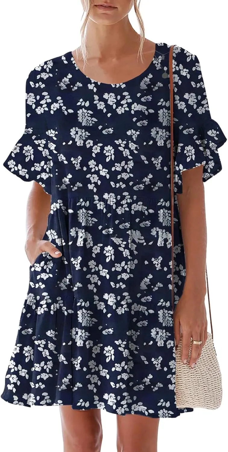 nclook Womens Summer Casual Dresses Sweet Cute Crew Neck Mini Dress with Pockets Ruffle Short Sleeve