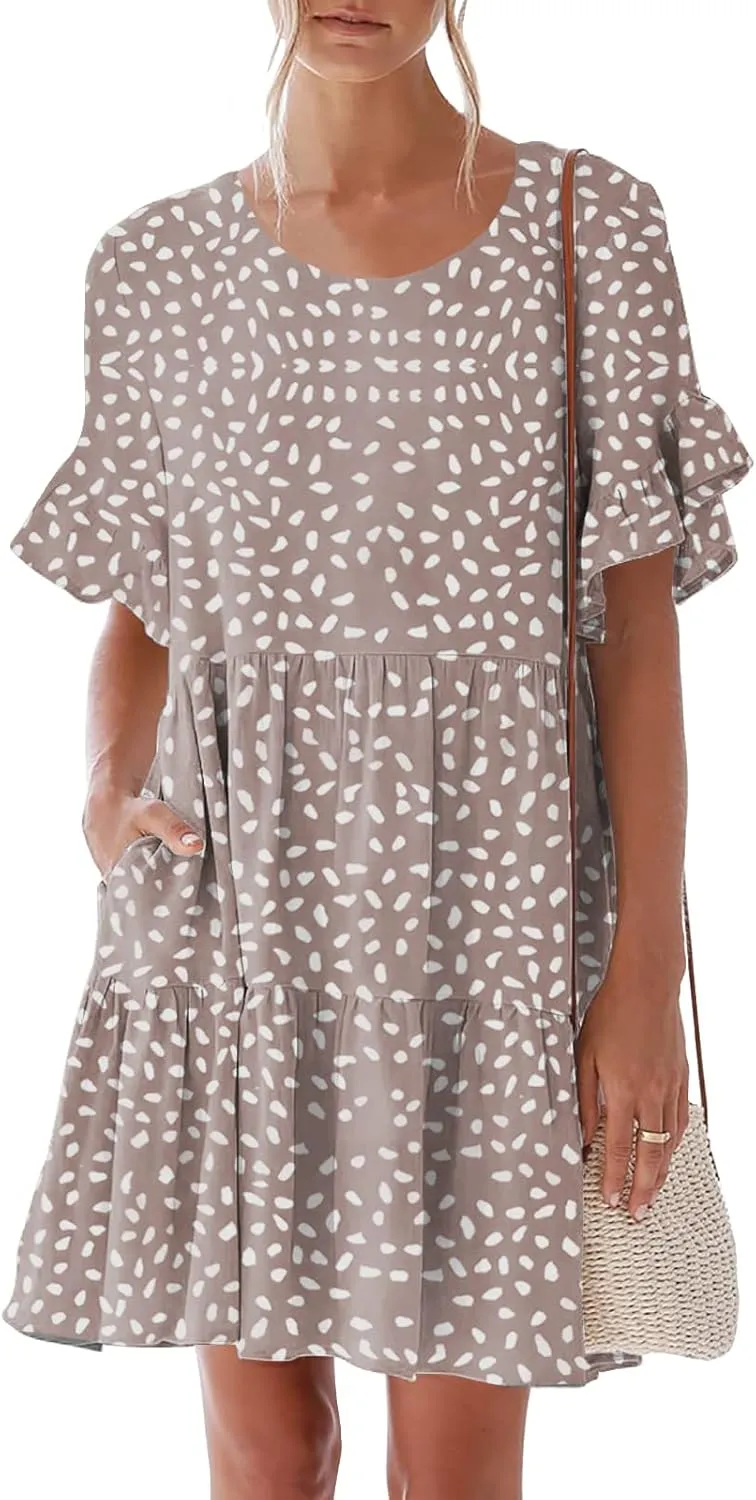 nclook Womens Summer Casual Dresses Sweet Cute Crew Neck Mini Dress with Pockets Ruffle Short Sleeve
