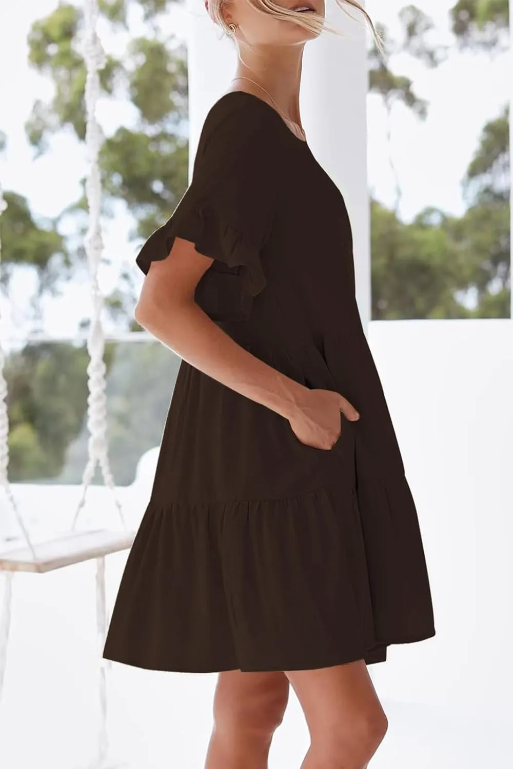 nclook Womens Summer Casual Dresses Sweet Cute Crew Neck Mini Dress with Pockets Ruffle Short Sleeve