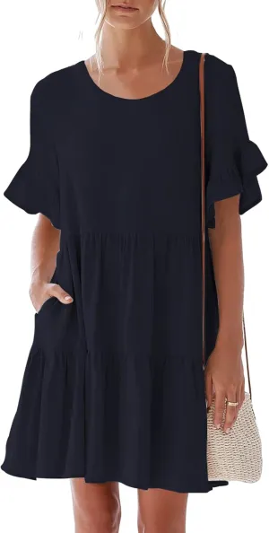 nclook Womens Summer Casual Dresses Sweet Cute Crew Neck Mini Dress with Pockets Ruffle Short Sleeve