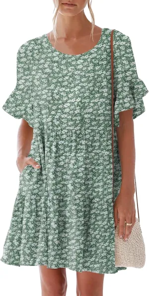 nclook Womens Summer Casual Dresses Sweet Cute Crew Neck Mini Dress with Pockets Ruffle Short Sleeve