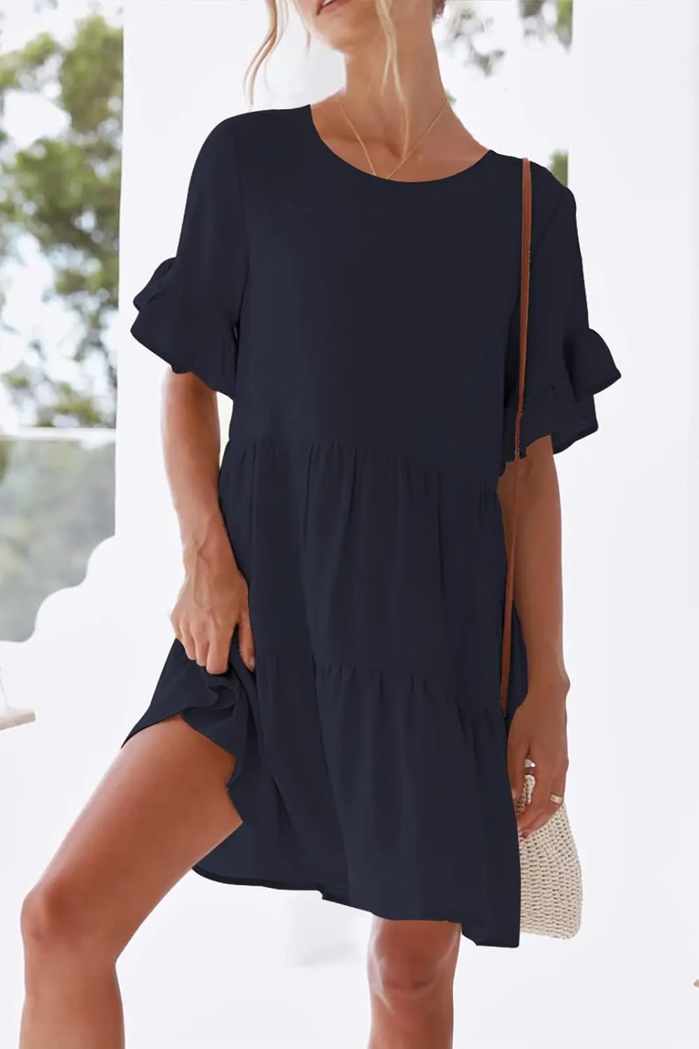 nclook Womens Summer Casual Dresses Sweet Cute Crew Neck Mini Dress with Pockets Ruffle Short Sleeve