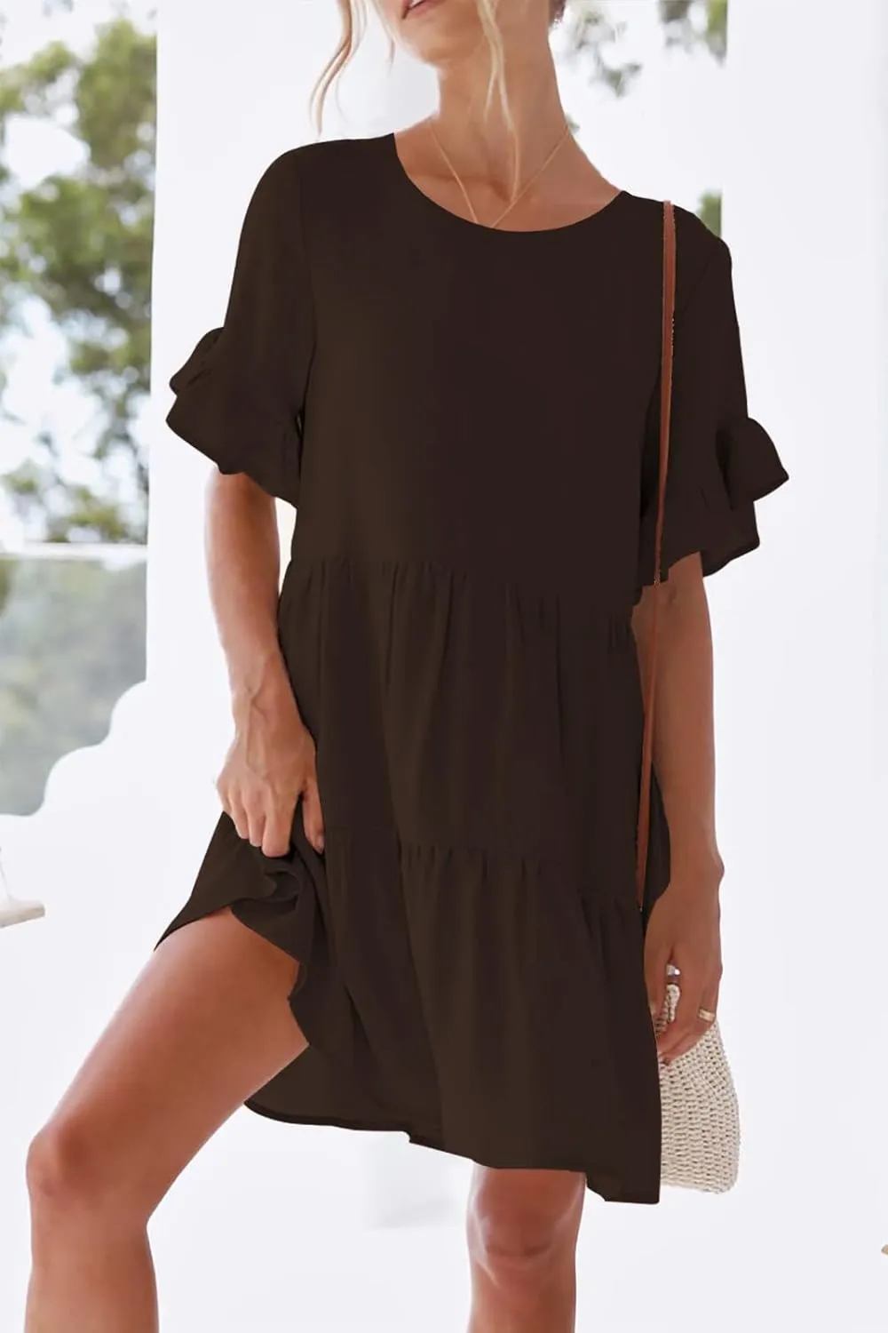 nclook Womens Summer Casual Dresses Sweet Cute Crew Neck Mini Dress with Pockets Ruffle Short Sleeve