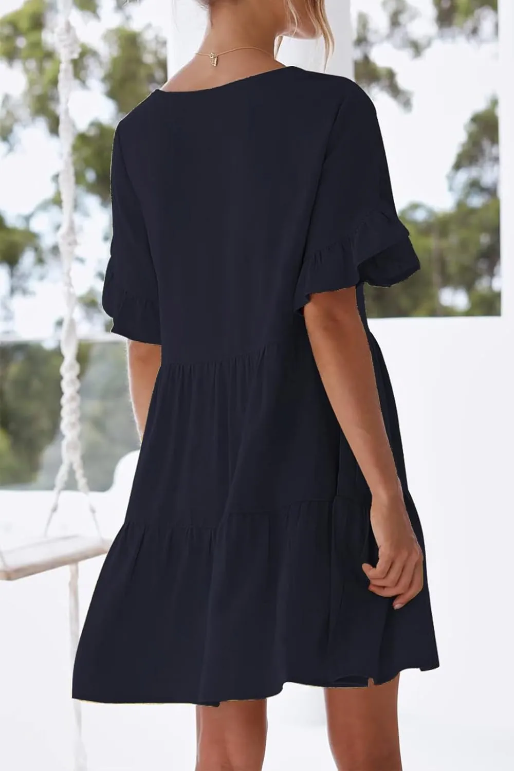 nclook Womens Summer Casual Dresses Sweet Cute Crew Neck Mini Dress with Pockets Ruffle Short Sleeve