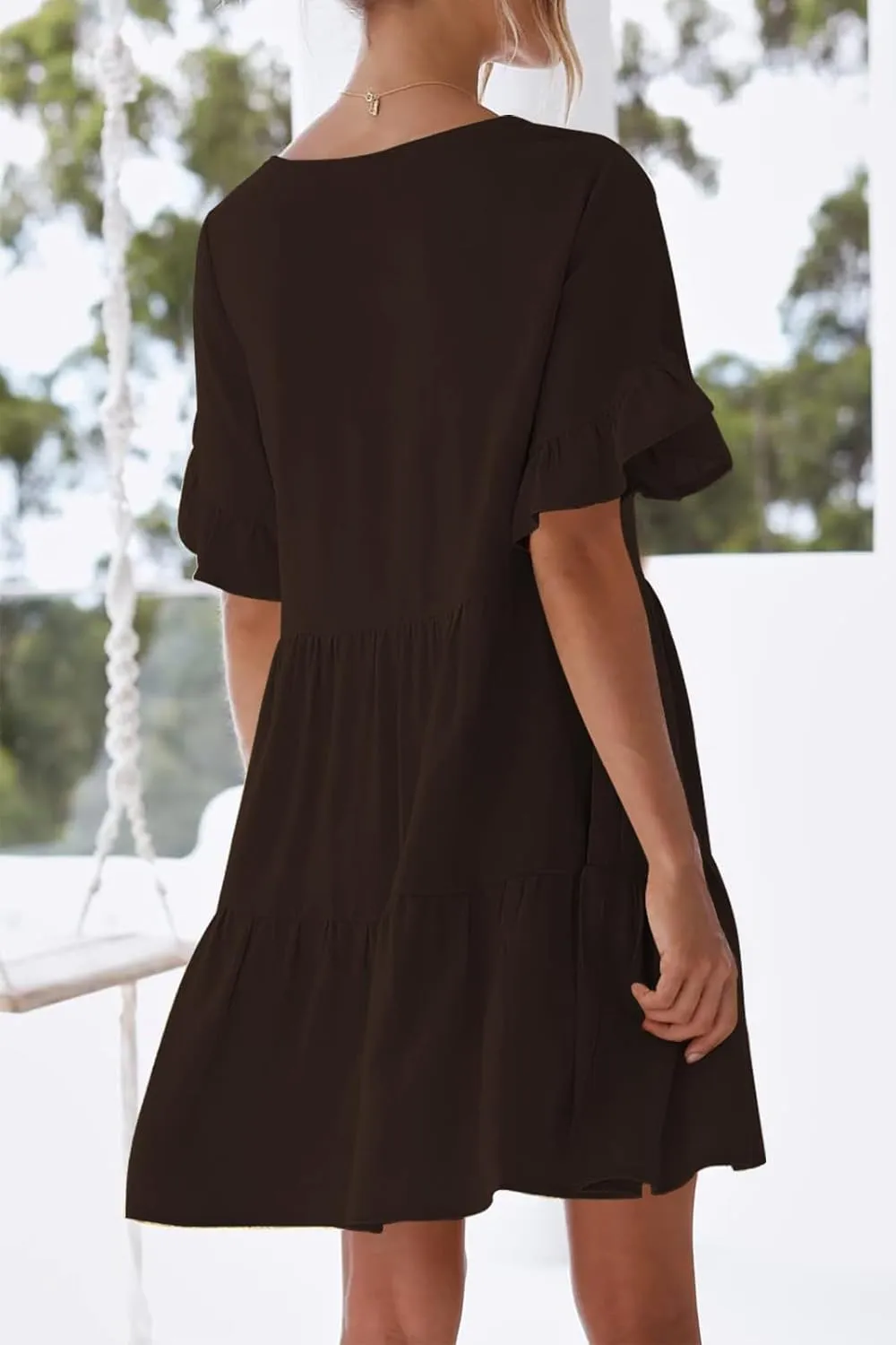 nclook Womens Summer Casual Dresses Sweet Cute Crew Neck Mini Dress with Pockets Ruffle Short Sleeve
