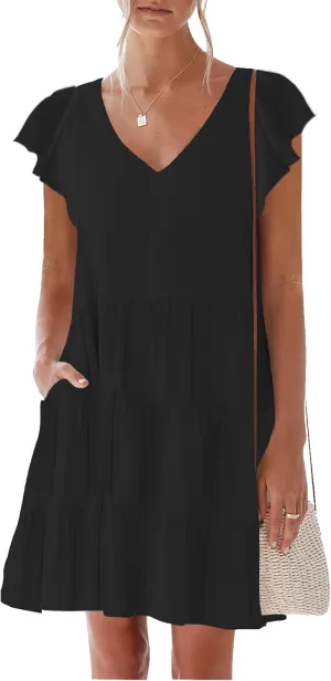 nclook Womens Summer Casual Dresses Sweet Cute V Neck Mini Dress with Pockets Ruffle Short Sleeve