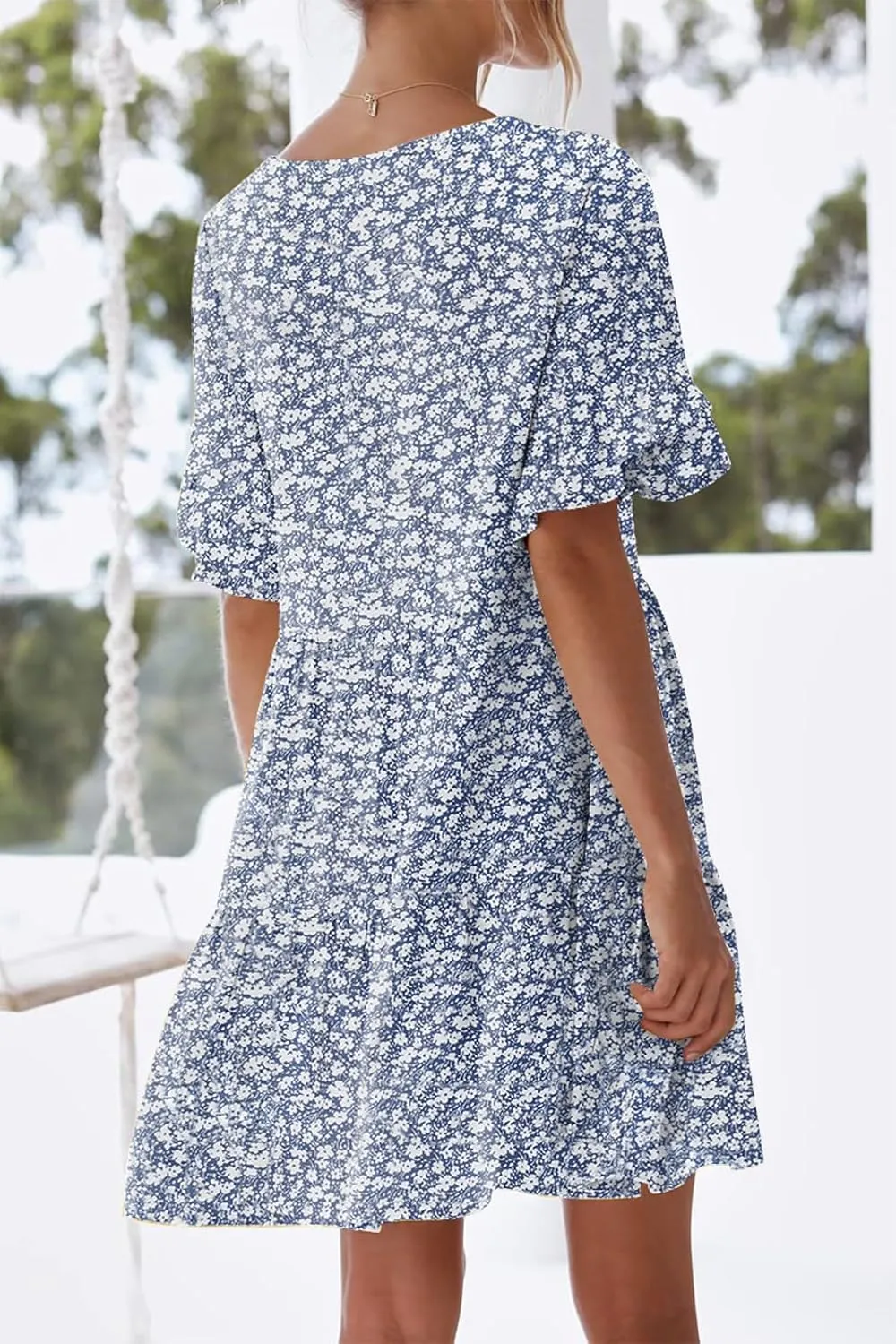 nclook Womens Summer Casual Dresses Sweet Cute V Neck Mini Dress with Pockets Ruffle Short Sleeve