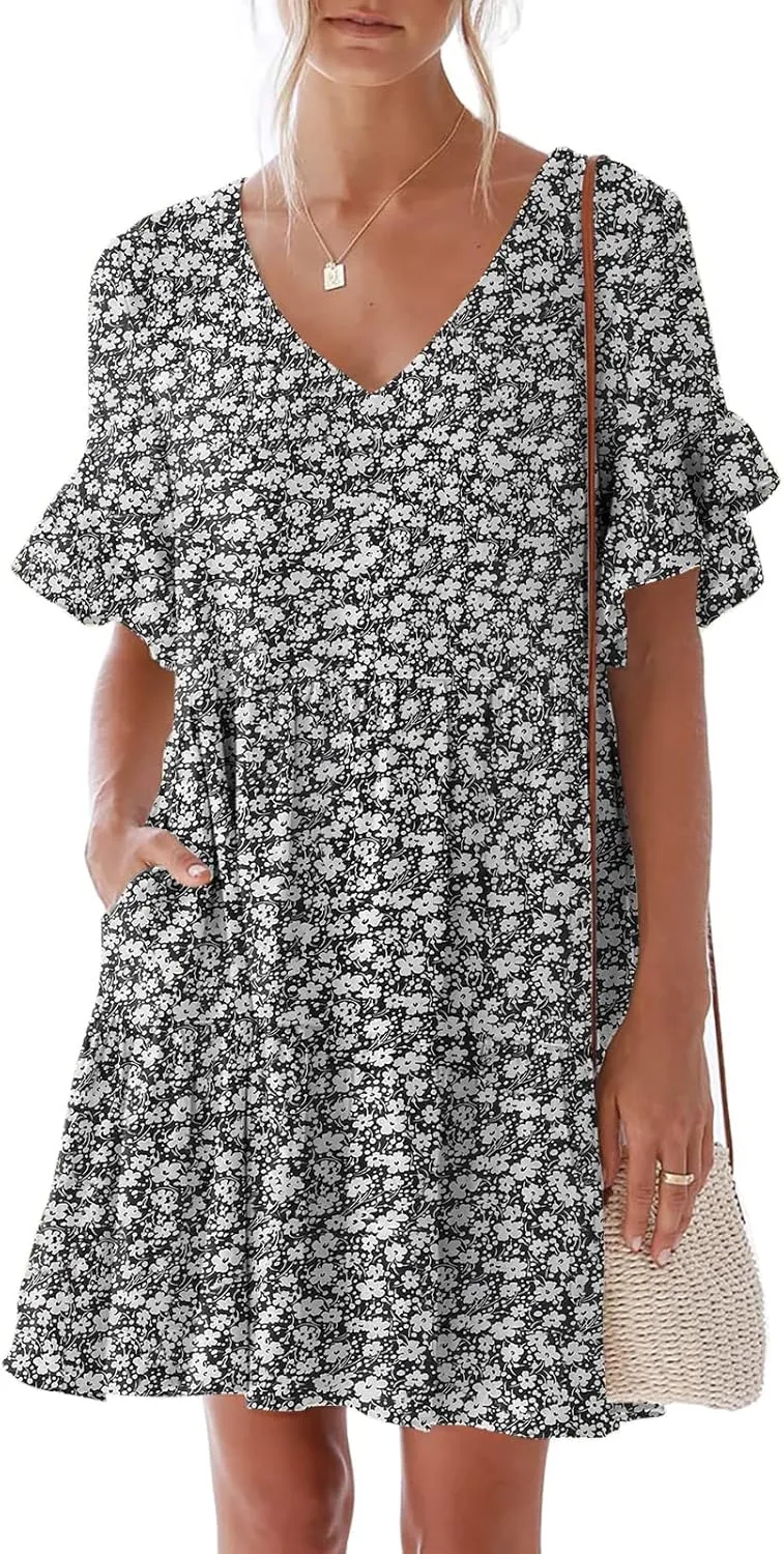 nclook Womens Summer Casual Dresses Sweet Cute V Neck Mini Dress with Pockets Ruffle Short Sleeve