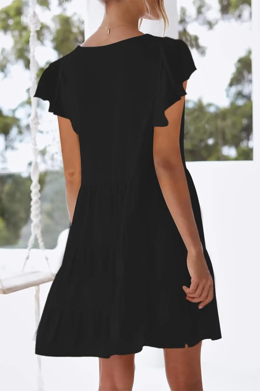 nclook Womens Summer Casual Dresses Sweet Cute V Neck Mini Dress with Pockets Ruffle Short Sleeve