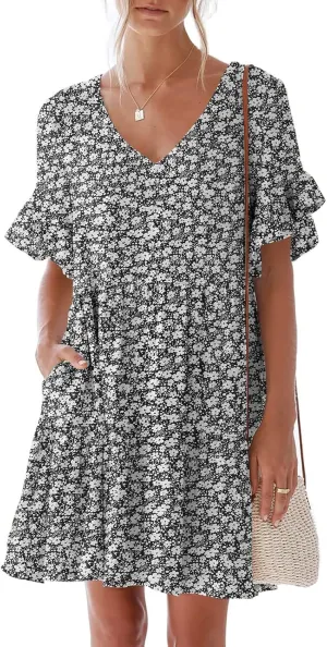 nclook Womens Summer Casual Dresses Sweet Cute V Neck Mini Dress with Pockets Ruffle Short Sleeve