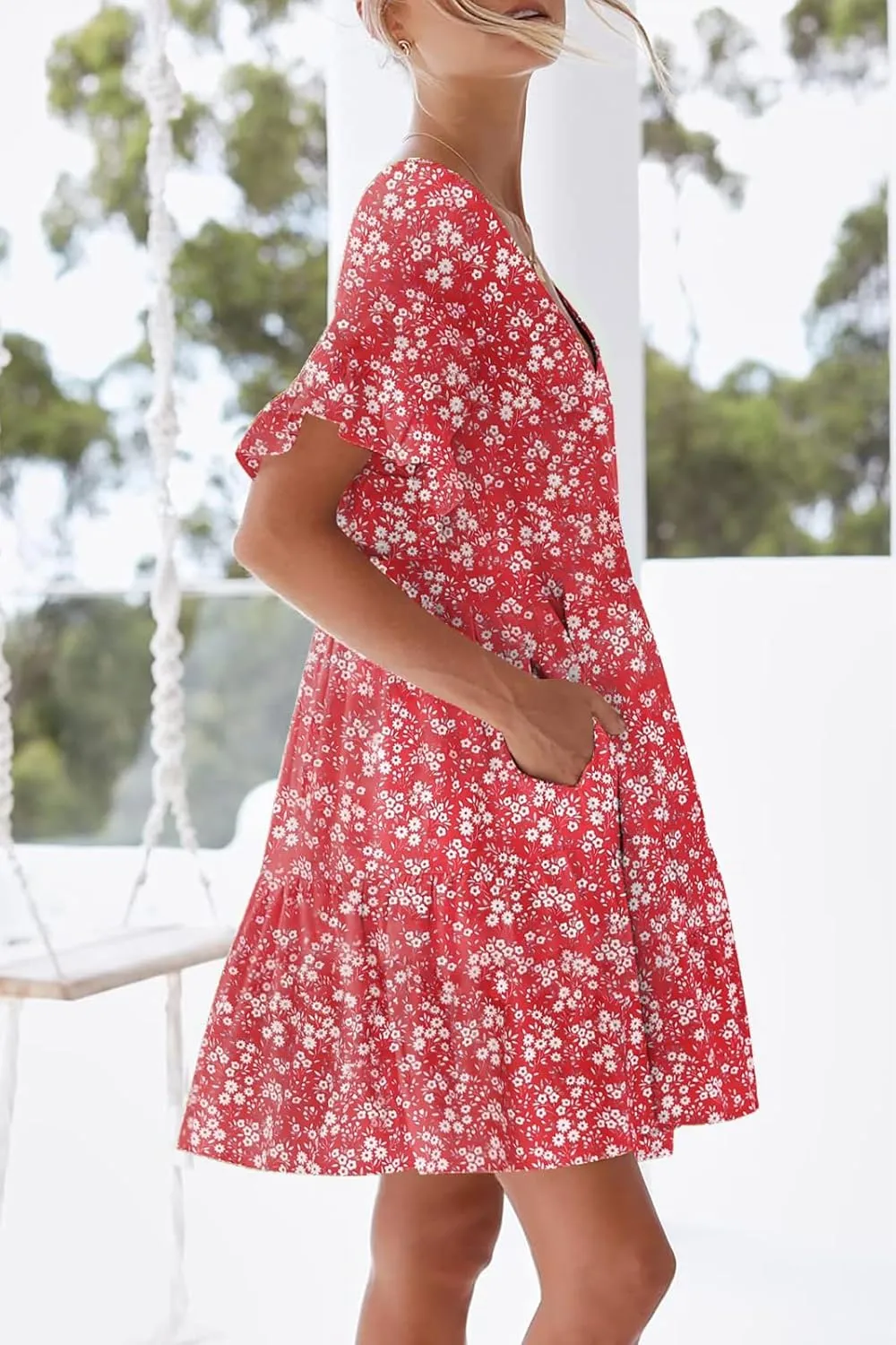 nclook Womens Summer Casual Dresses Sweet Cute V Neck Mini Dress with Pockets Ruffle Short Sleeve