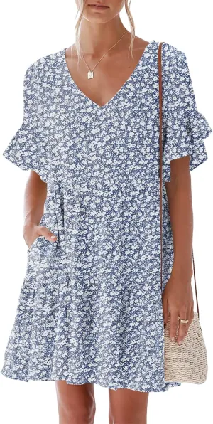 nclook Womens Summer Casual Dresses Sweet Cute V Neck Mini Dress with Pockets Ruffle Short Sleeve