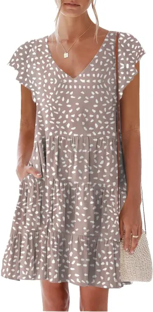 nclook Womens Summer Casual Dresses Sweet Cute V Neck Mini Dress with Pockets Ruffle Short Sleeve