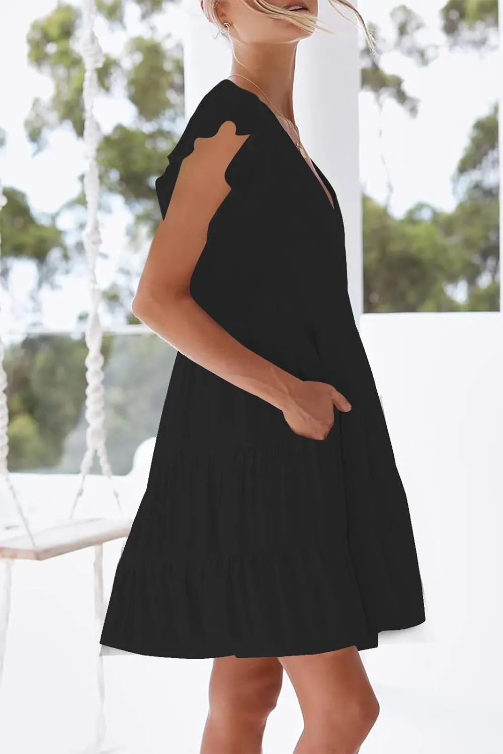 nclook Womens Summer Casual Dresses Sweet Cute V Neck Mini Dress with Pockets Ruffle Short Sleeve