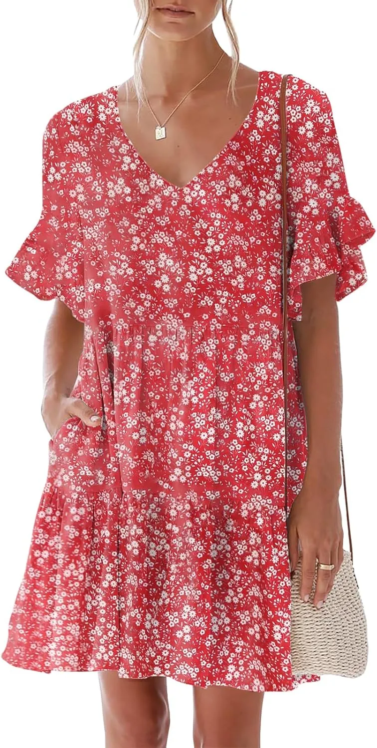 nclook Womens Summer Casual Dresses Sweet Cute V Neck Mini Dress with Pockets Ruffle Short Sleeve
