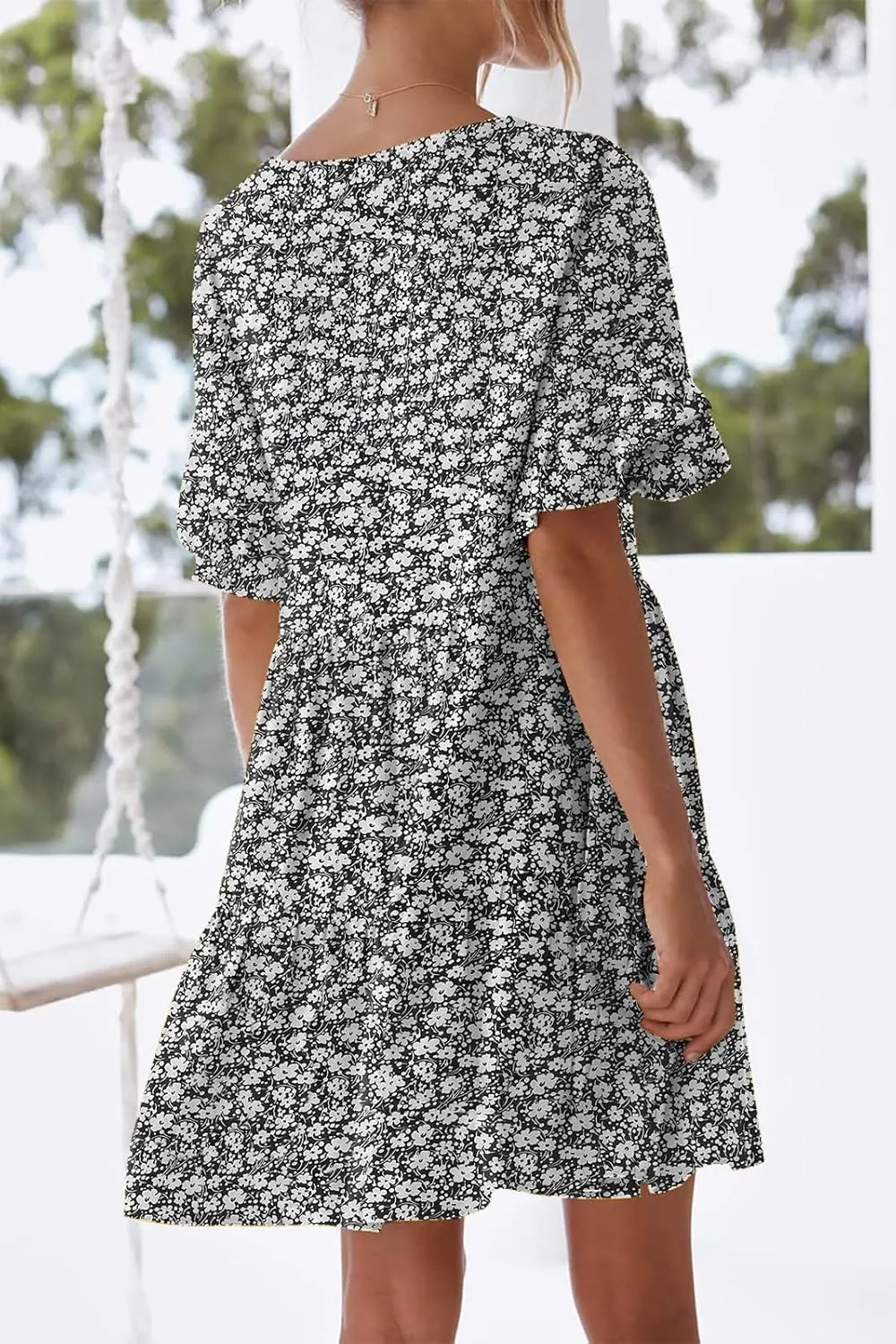 nclook Womens Summer Casual Dresses Sweet Cute V Neck Mini Dress with Pockets Ruffle Short Sleeve