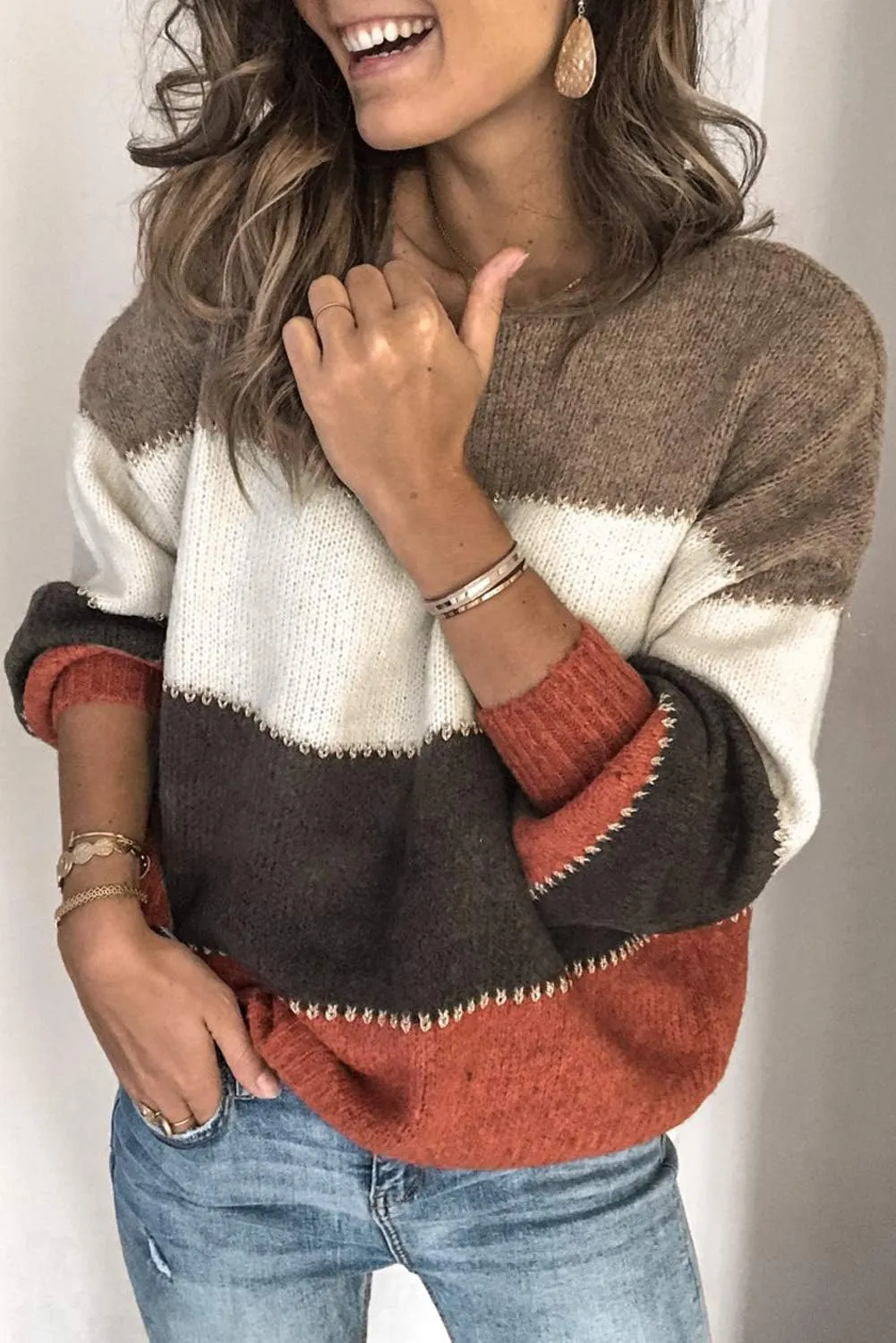Necooer Womens Sweater Pullover Casual Long Sleeve Crewneck Color Block Pullover Knit Sweater for Women