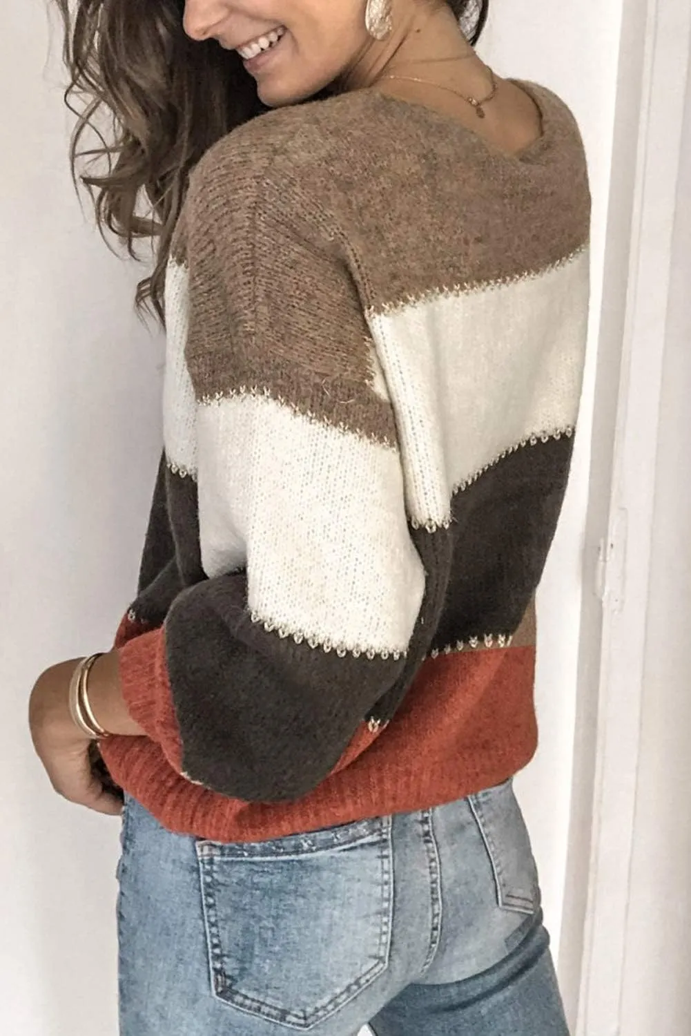 Necooer Womens Sweater Pullover Casual Long Sleeve Crewneck Color Block Pullover Knit Sweater for Women