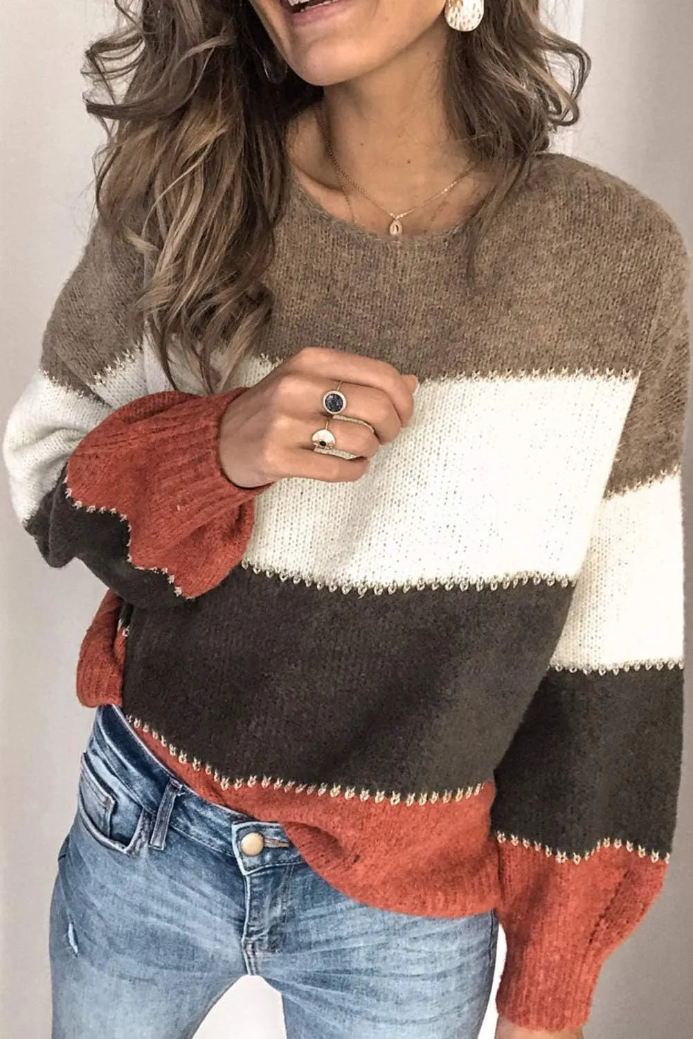Necooer Womens Sweater Pullover Casual Long Sleeve Crewneck Color Block Pullover Knit Sweater for Women