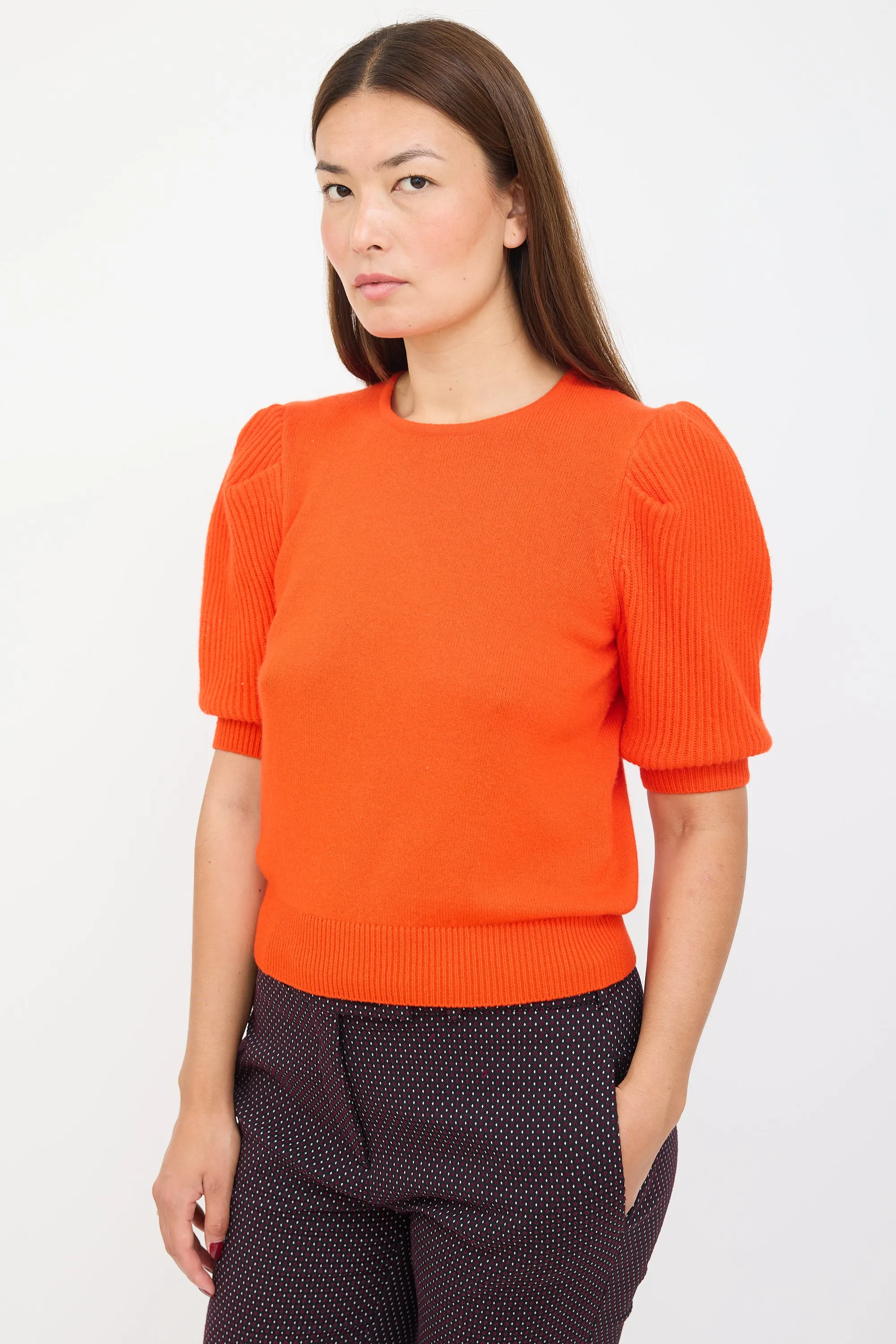 Orange Wool Puffed Sleeve Sweater
