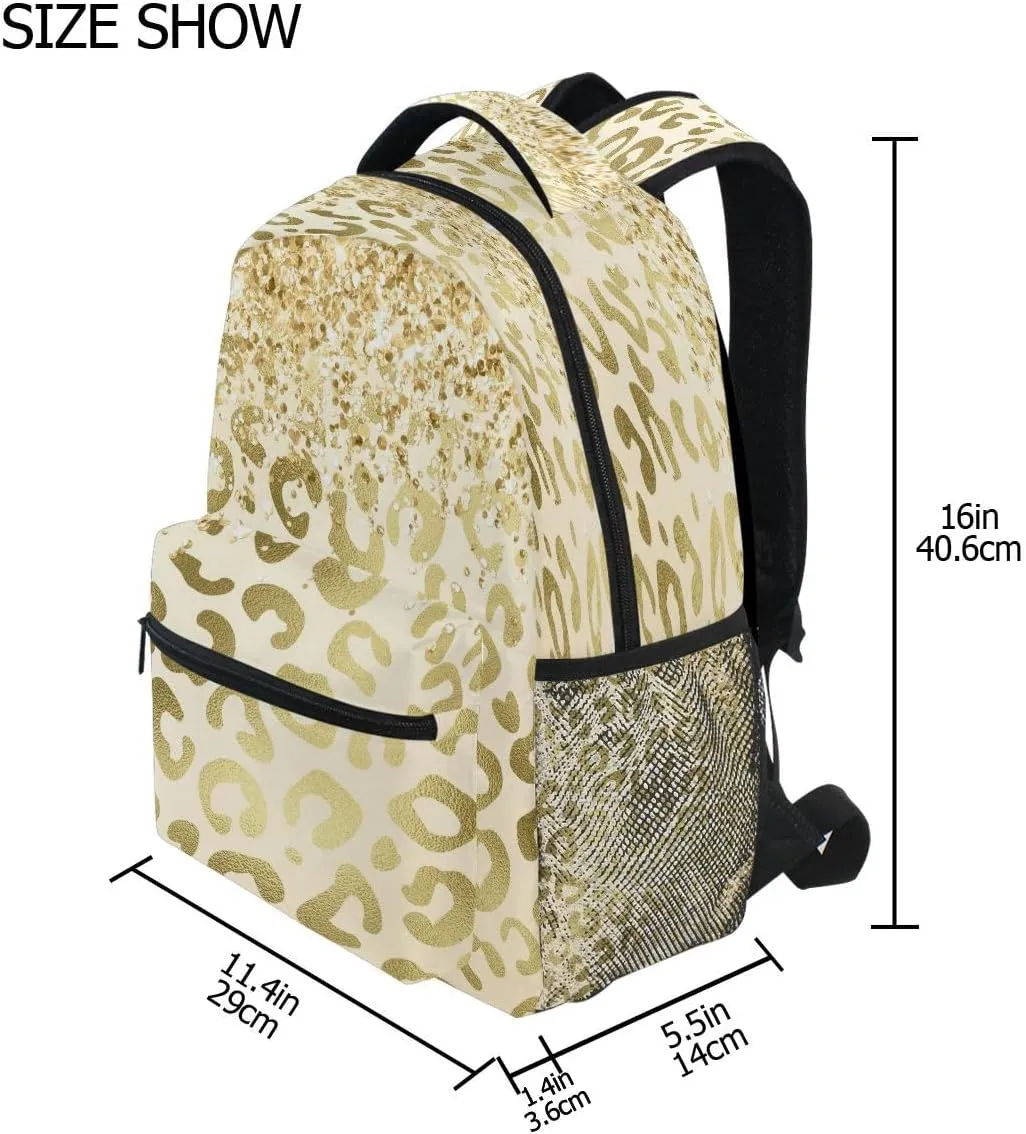 Pfrewn Golden Leopard Print Backpacks Purse for Women Girls Gold Glitter Laptop Notebook Tablet Backpack School Bag Stylish Casual Daypack 16 Inch with Multiple Pockets