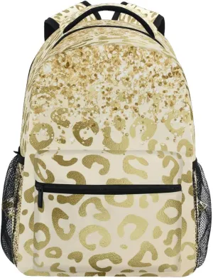 Pfrewn Golden Leopard Print Backpacks Purse for Women Girls Gold Glitter Laptop Notebook Tablet Backpack School Bag Stylish Casual Daypack 16 Inch with Multiple Pockets