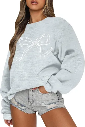 Pink Bow Sweatshirt Oversized Crewneck Sweatshirt Fall Pullover Sweatshirt Long Sleeve Bow Print Sweater Y2k Tops