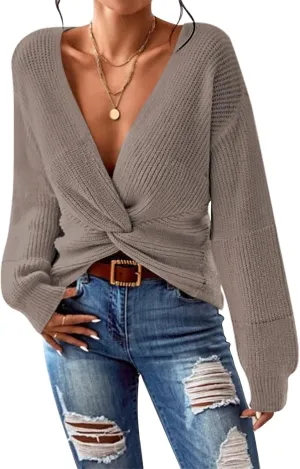 Pink Queen Women's 2024 Casual Pullover Sweaters Sexy V Neck Long Sleeve Twist Knot Cropped Knit Sweater Tops