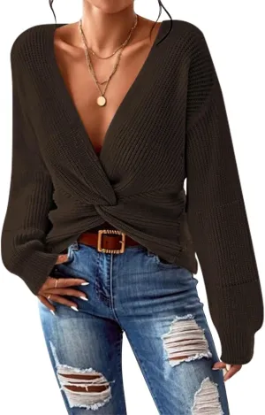 Pink Queen Women's 2024 Casual Pullover Sweaters Sexy V Neck Long Sleeve Twist Knot Cropped Knit Sweater Tops