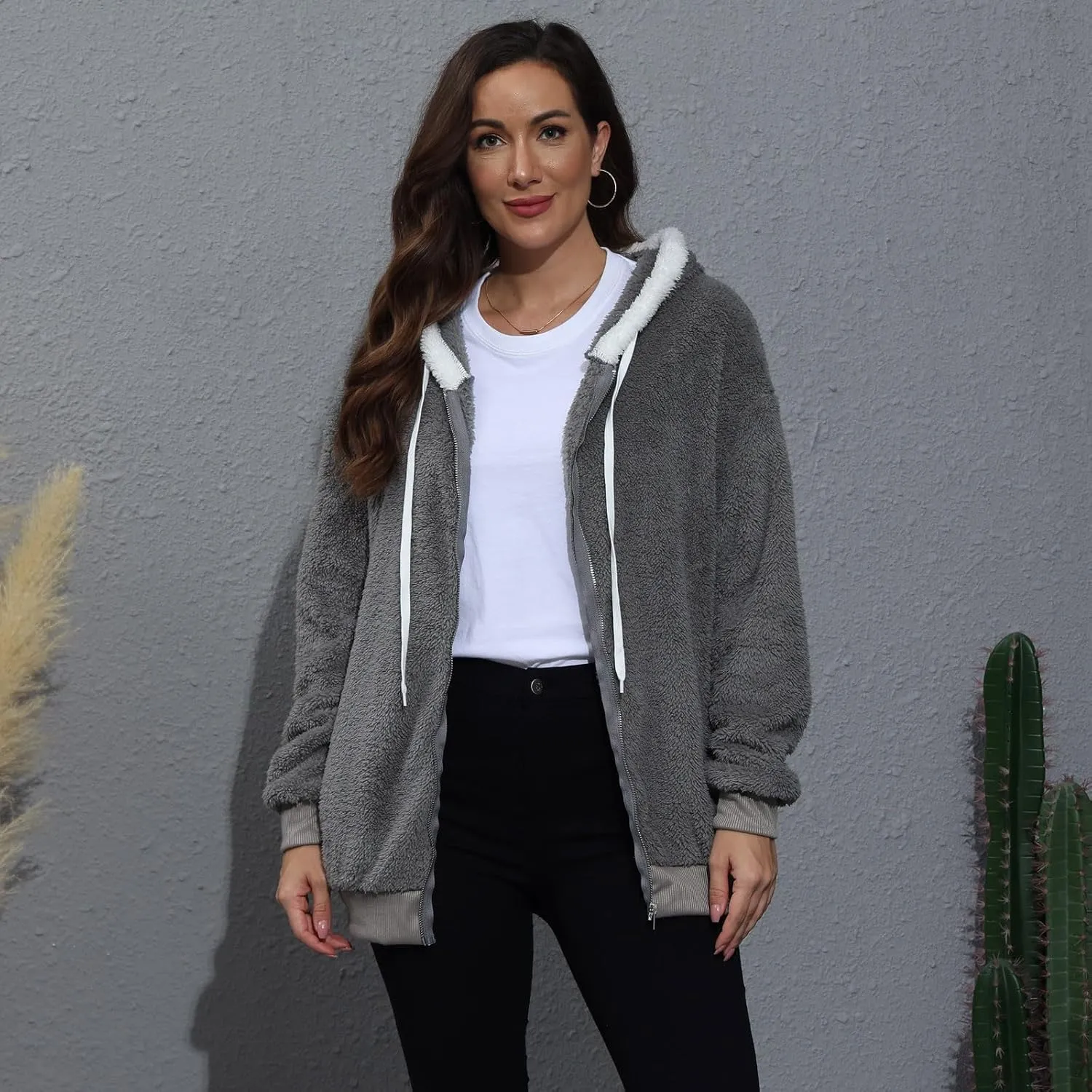 Plus Size Winter Coats For Women Full Zip Oversized Fleece Sherpa Jacket Drawstring Fuzzy Hooded Outerwear w/Pockets