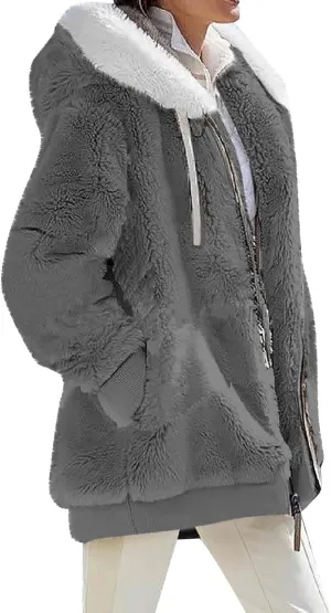 Plus Size Winter Coats For Women Full Zip Oversized Fleece Sherpa Jacket Drawstring Fuzzy Hooded Outerwear w/Pockets