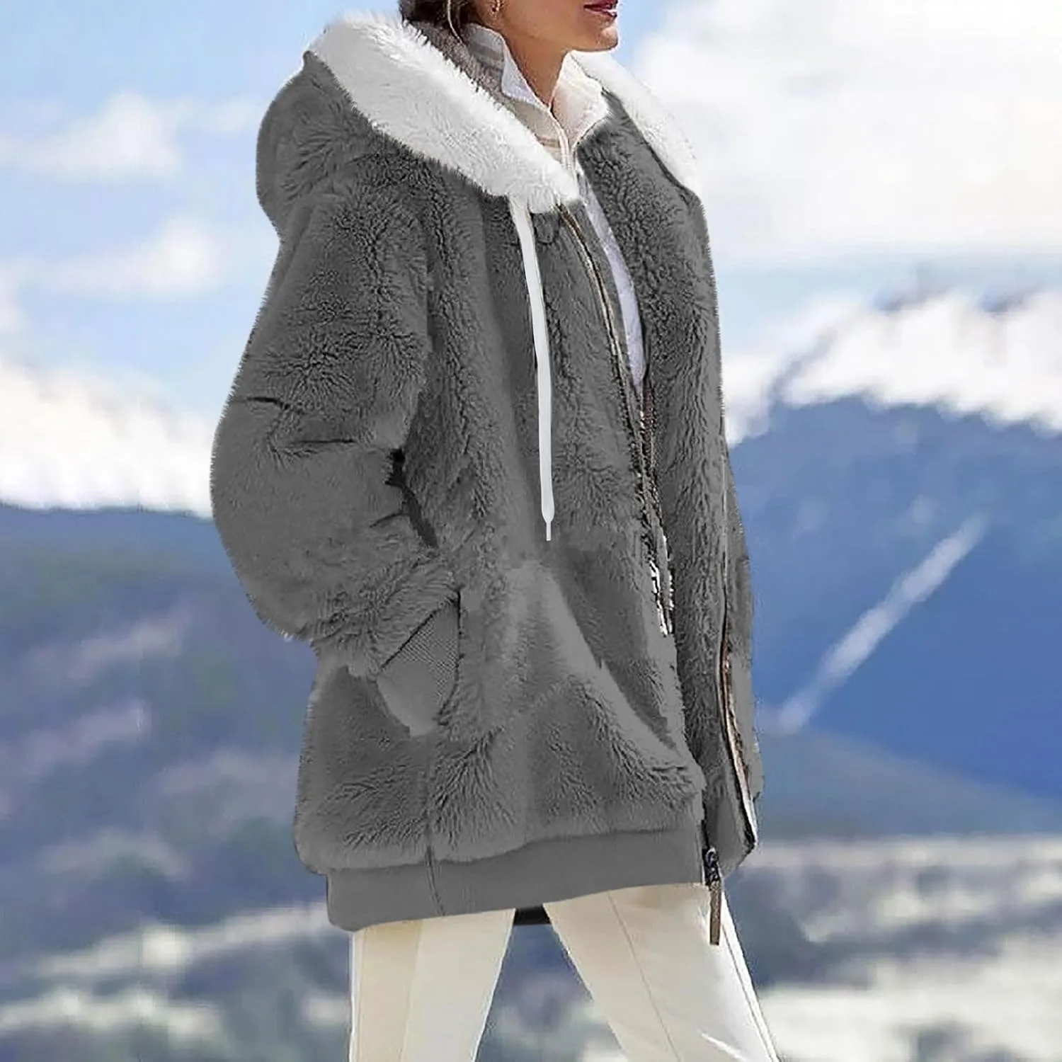 Plus Size Winter Coats For Women Full Zip Oversized Fleece Sherpa Jacket Drawstring Fuzzy Hooded Outerwear w/Pockets