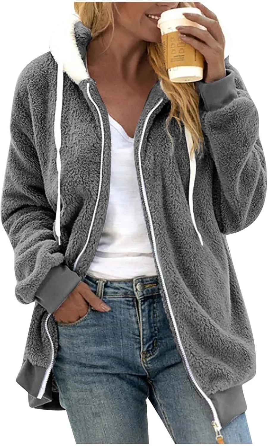 Plus Size Winter Coats For Women Full Zip Oversized Fleece Sherpa Jacket Drawstring Fuzzy Hooded Outerwear w/Pockets