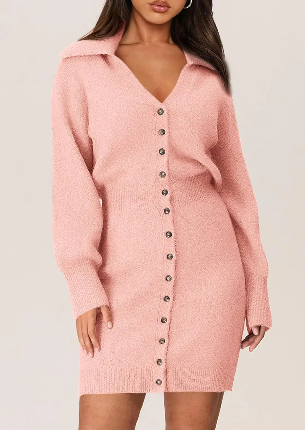 PRETTYGARDEN Sweater Dresses for Women 2025 Trendy Long Sleeve Button Down Short Spring Dress