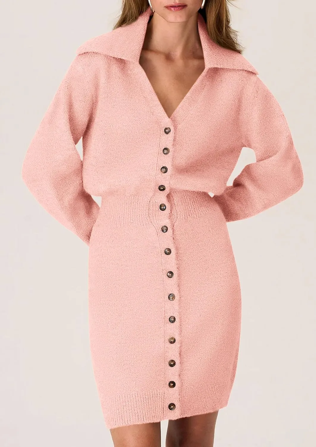 PRETTYGARDEN Sweater Dresses for Women 2025 Trendy Long Sleeve Button Down Short Spring Dress