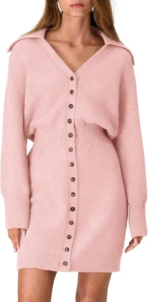 PRETTYGARDEN Sweater Dresses for Women 2025 Trendy Long Sleeve Button Down Short Spring Dress