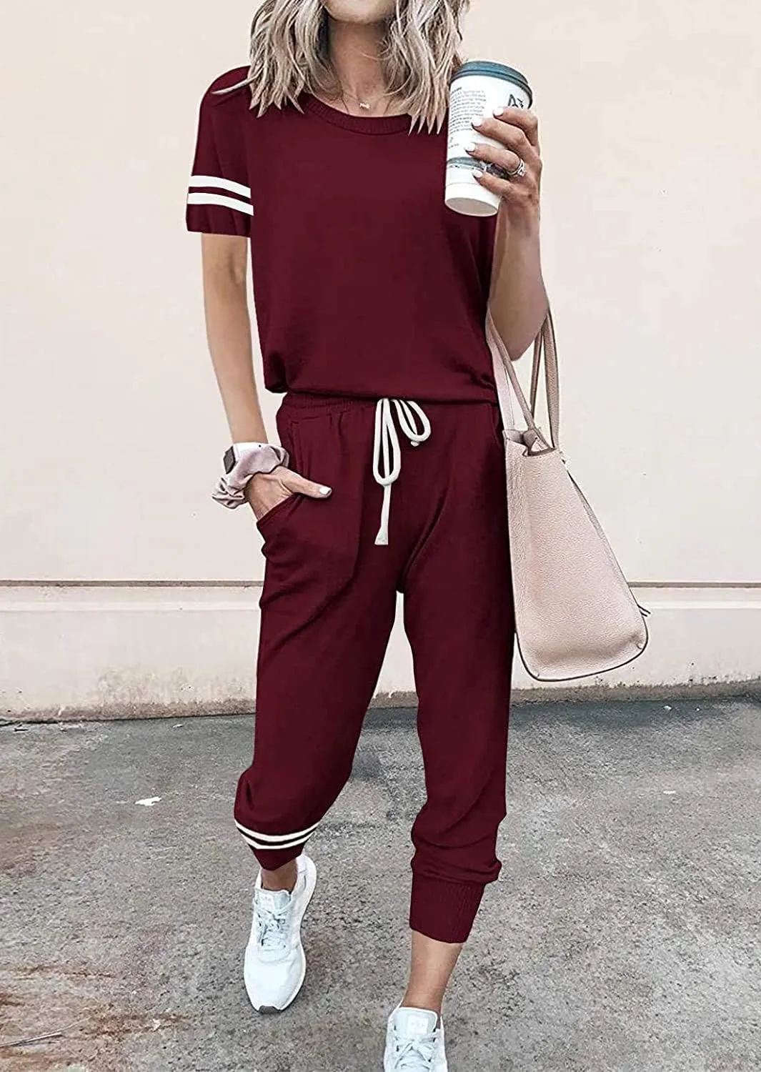 PRETTYGARDEN Women Summer Two Piece Outfits Striped Short Sleeve Pullover and Long Pants Tracksuit Travel Pajama Lounge Set
