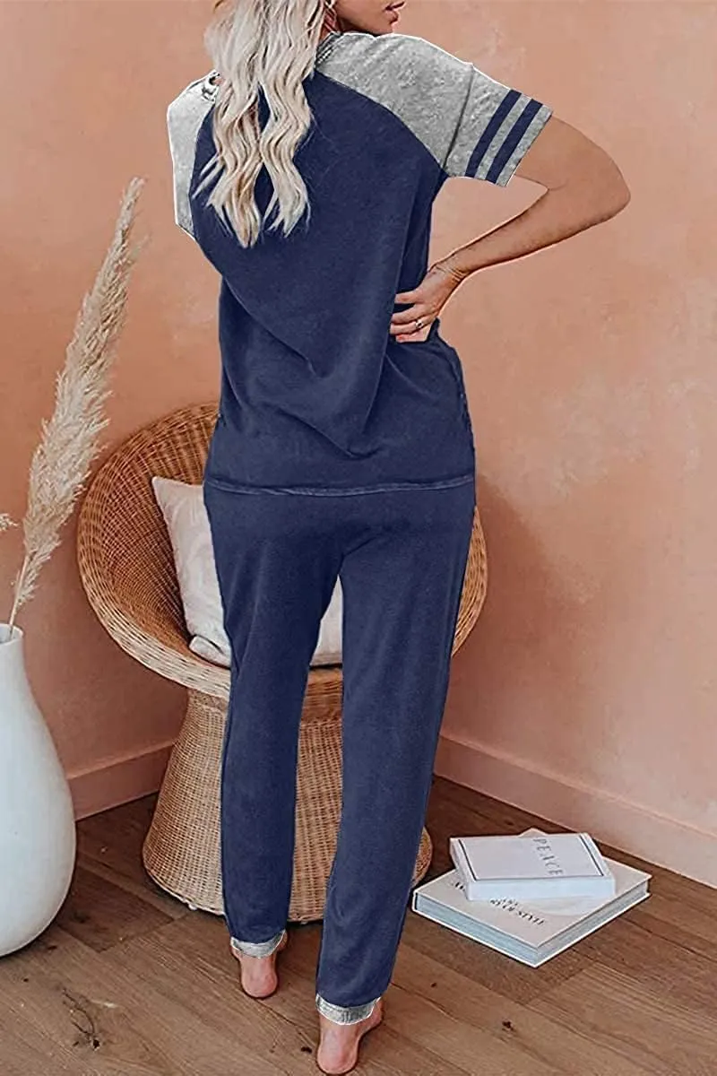 PRETTYGARDEN Women Summer Two Piece Outfits Striped Short Sleeve Pullover and Long Pants Tracksuit Travel Pajama Lounge Set